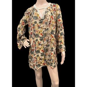 UMGEE Brown Earth Tones Floral V-Neck Mini Babydoll Swing Dress Tunic Sz S